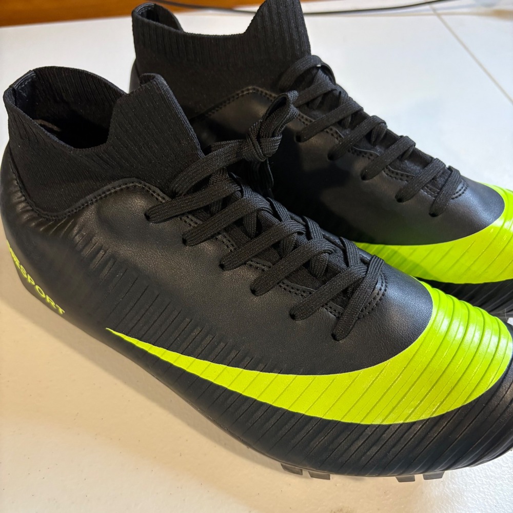 YOVKSI Mens Spikes Track Shoes Black Neon Green High Top Sprinting Cleats Sz 42‎